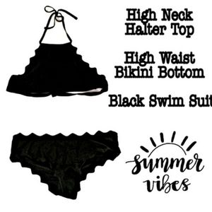 🎀CLEARANCE🎀 NWT HIGH Neck Halter, High Waist Bikini 2pc swim set Rugfled Trim.
